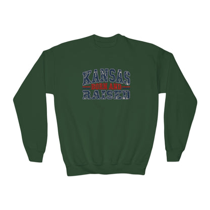 Kansas Born and Raised Vintage Americana Unisex Youth Crewneck Sweatshirt Graphic