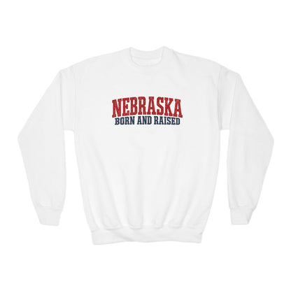 Nebraska Born and Raised Rugged Workwear Unisex Youth Crewneck Sweatshirt Graphic