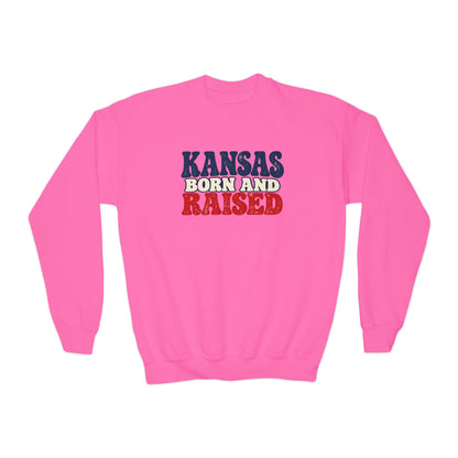 Kansas Born and Raised Retro 1970s Unisex Youth Crewneck Sweatshirt Graphic
