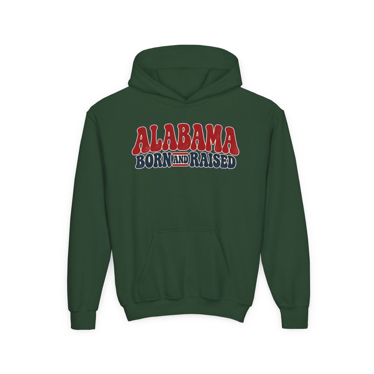 Alabama Born and Raised Retro 1970s Americana Unisex Youth Heavy Blend Hooded Sweatshirt Graphic