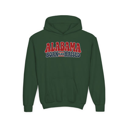 Alabama Born and Raised Retro 1970s Americana Unisex Youth Heavy Blend Hooded Sweatshirt Graphic