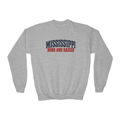 Mississippi Born and Raised Minimal Vintage Unisex Youth Crewneck Sweatshirt Graphic