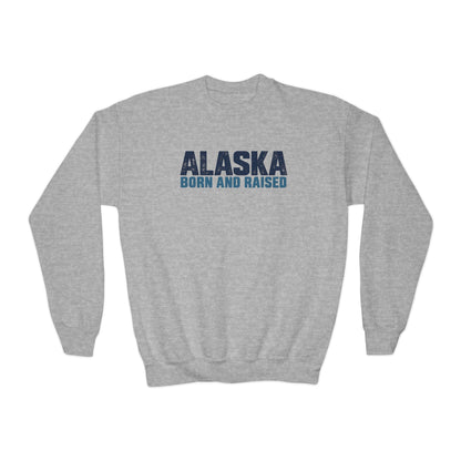 Alaska Born and Raised Modern Streetwear Unisex Youth Crewneck Sweatshirt Graphic