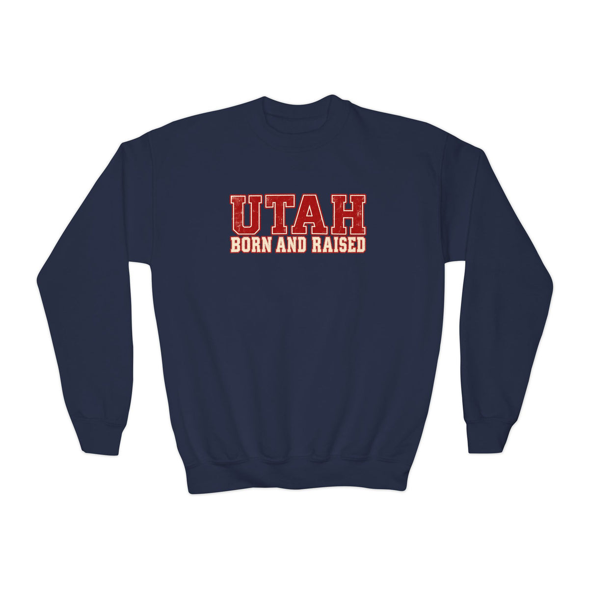 Utah Born and Raised Vintage Athletic Unisex Youth Crewneck Sweatshirt Graphic