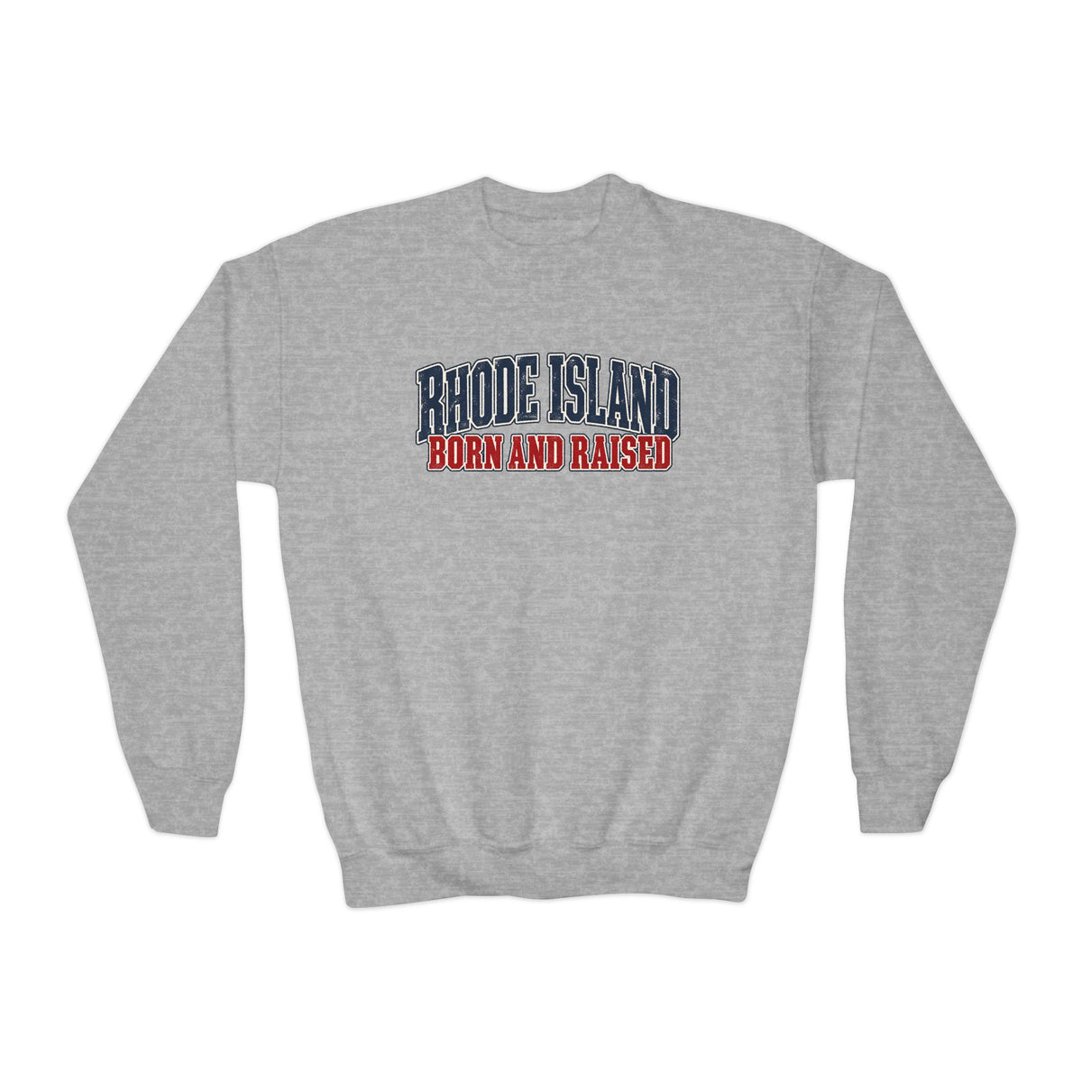 Rhode Island Born and Raised Coastal Heritage Unisex Youth Crewneck Sweatshirt Graphic
