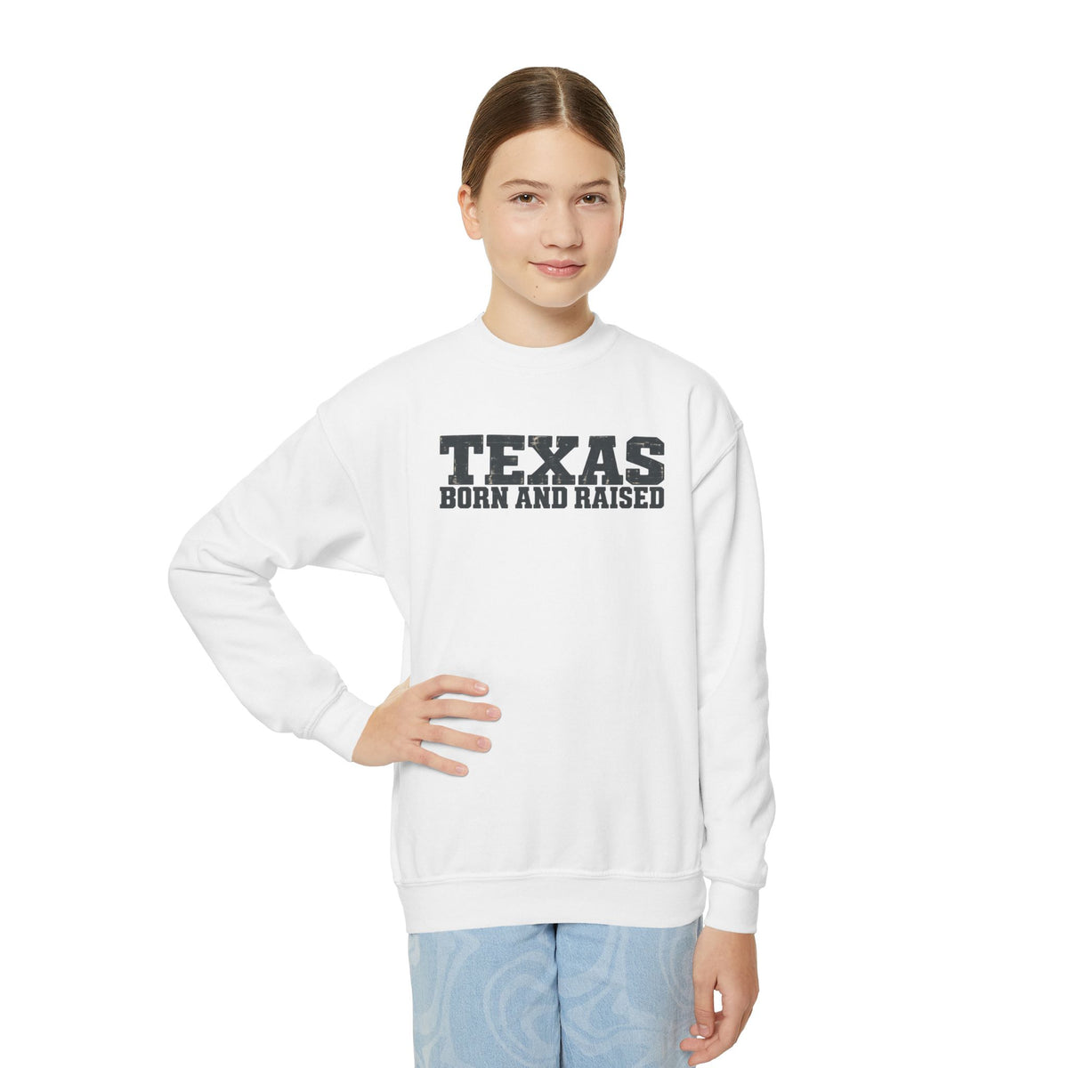 Texas Born and Raised Workwear Unisex Youth Crewneck Sweatshirt Graphic