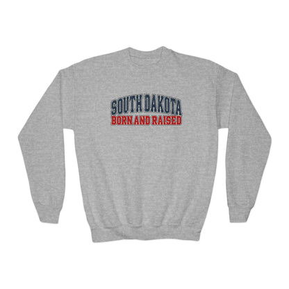 South Dakota Born and Raised Vintage Athletic Unisex Youth Crewneck Sweatshirt Graphic