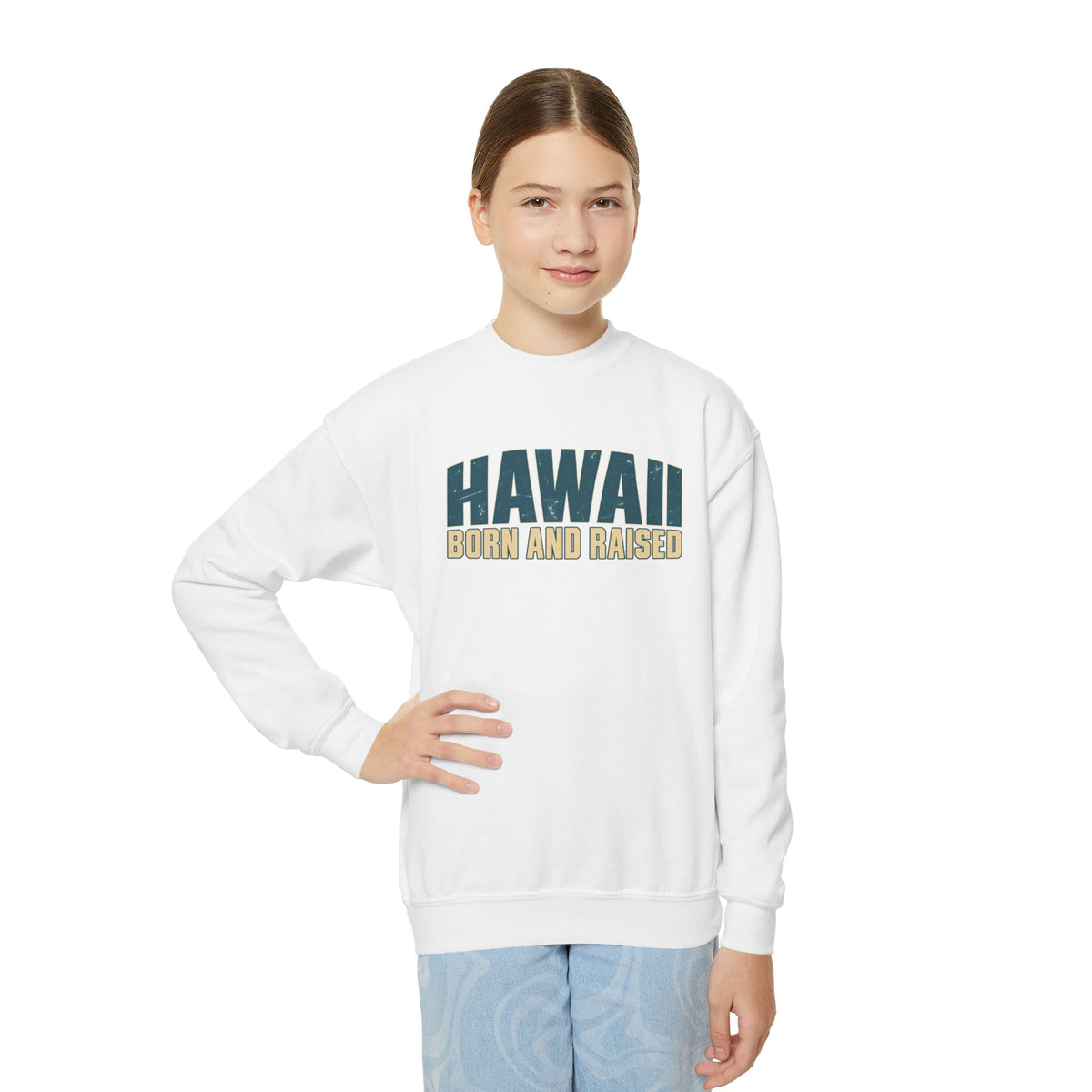 Hawaii Born and Raised Premium Surf Unisex Youth Crewneck Sweatshirt Graphic