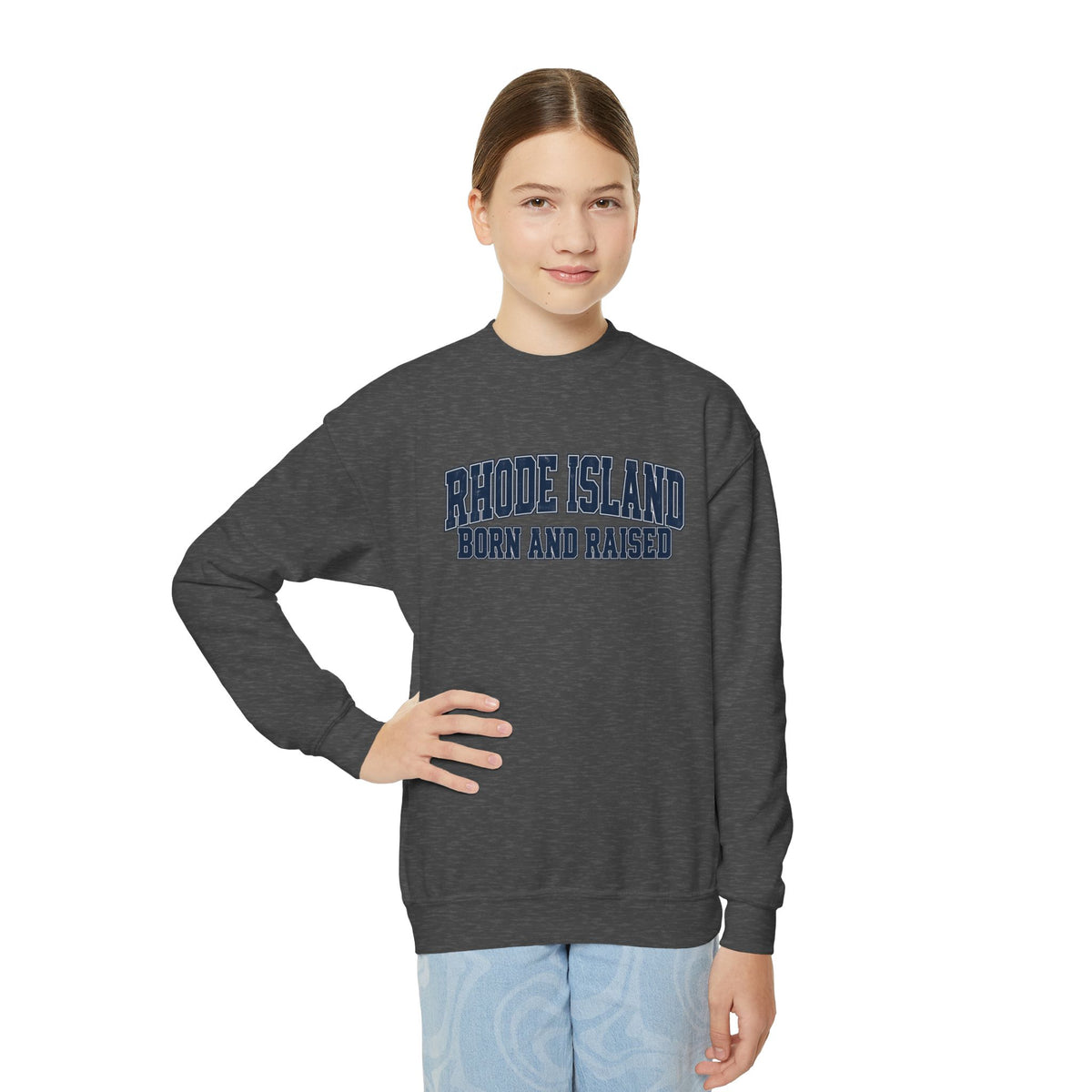 Rhode Island Born and Raised Vintage Collegiate Unisex Youth Crewneck Sweatshirt Graphic