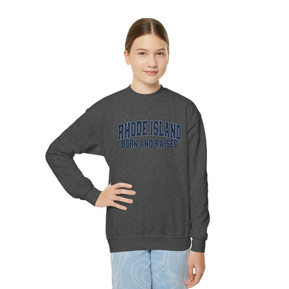Rhode Island Born and Raised Vintage Collegiate Unisex Youth Crewneck Sweatshirt Graphic