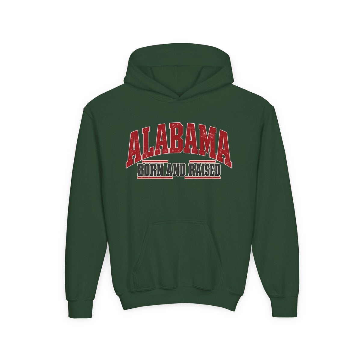 Alabama Born and Raised Bold Southern Americana Unisex Youth Heavy Blend Hooded Sweatshirt Graphic