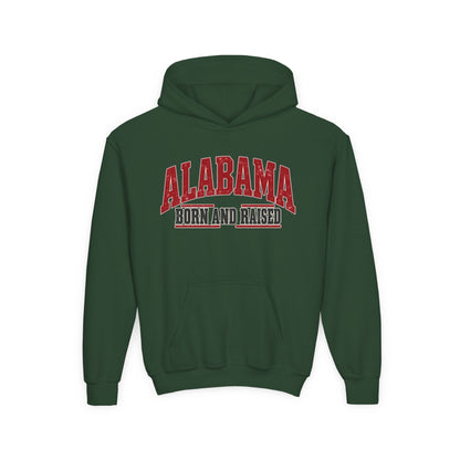 Alabama Born and Raised Bold Southern Americana Unisex Youth Heavy Blend Hooded Sweatshirt Graphic