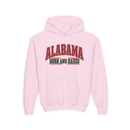 Alabama Born and Raised Bold Southern Americana Unisex Youth Heavy Blend Hooded Sweatshirt Graphic