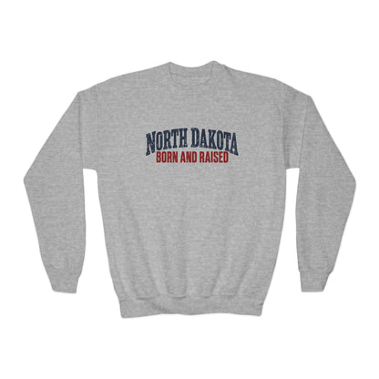 North Dakota Born and Raised Classic Prairie Souvenir Unisex Youth Crewneck Sweatshirt Graphic