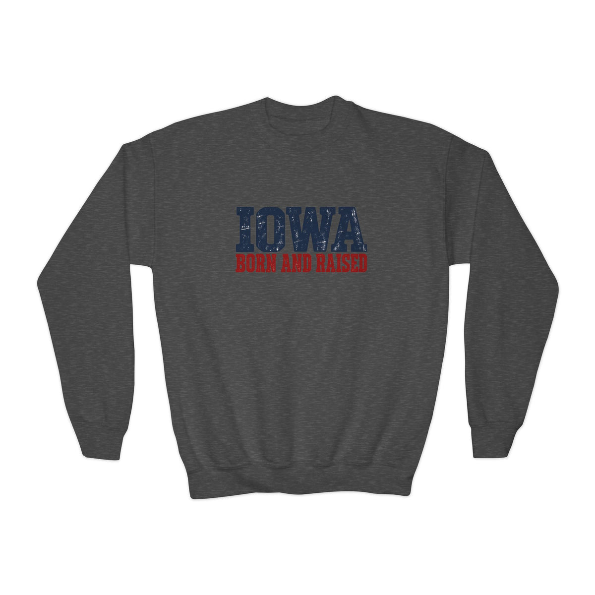 Iowa Born and Raised Rustic Midwest Unisex Youth Crewneck Sweatshirt Graphic