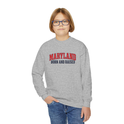 Maryland Born and Raised East Coast Heritage Unisex Youth Crewneck Sweatshirt Unisex Graphic