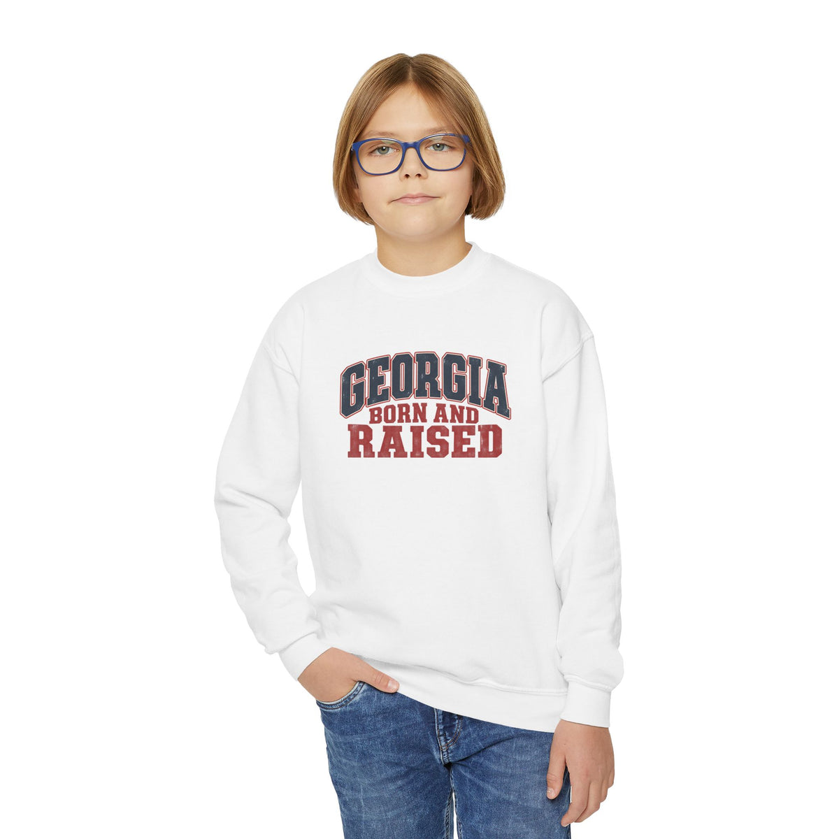 Georgia Born and Raised Rustic Southern Unisex Youth Crewneck Sweatshirt