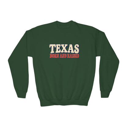 Texas Born and Raised  Retro Americana Unisex Youth Crewneck Sweatshirt Graphic