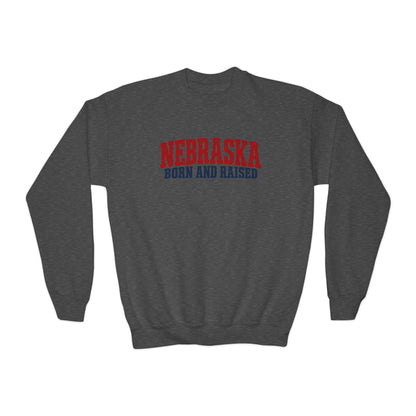 Nebraska Born and Raised Rugged Workwear Unisex Youth Crewneck Sweatshirt Graphic