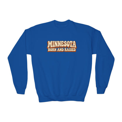 Minnesota Born and Raised Retro 1970s Unisex Youth Crewneck Sweatshirt Graphic
