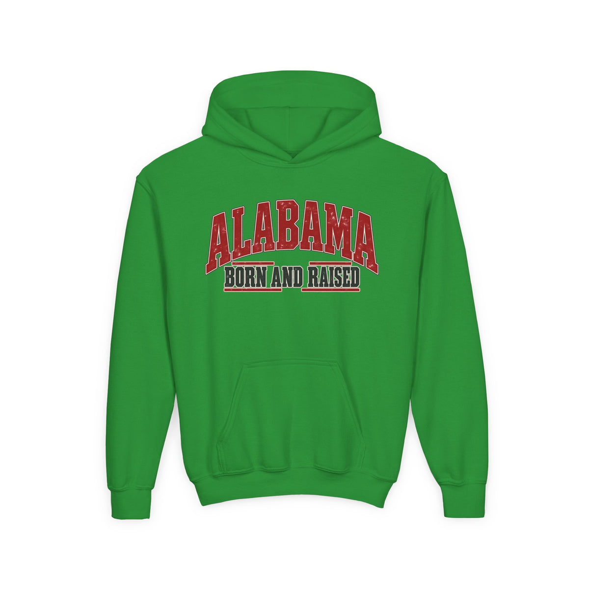 Alabama Born and Raised Bold Southern Americana Unisex Youth Heavy Blend Hooded Sweatshirt Graphic