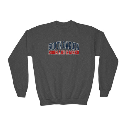 South Dakota Born and Raised Vintage Athletic Unisex Youth Crewneck Sweatshirt Graphic