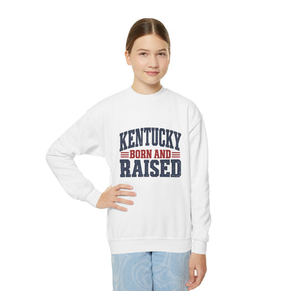 Kentucky Born and Raised Vintage Americana Unisex Youth Crewneck Sweatshirt Graphic