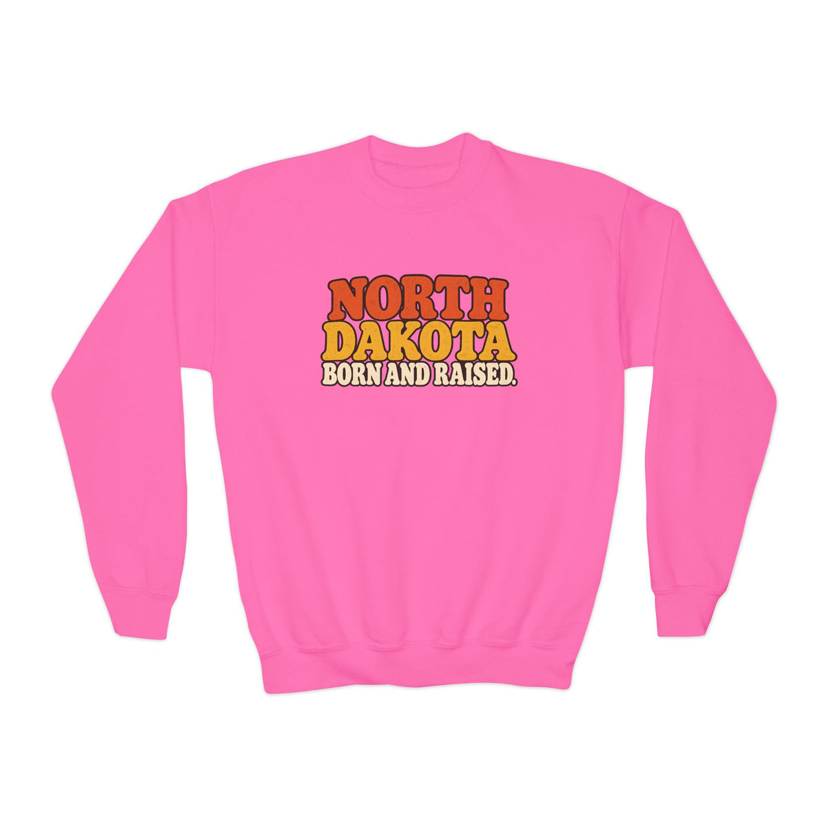 North Dakota Born and Raised 1970s Prairie Retro Unisex Youth Crewneck Sweatshirt Graphic