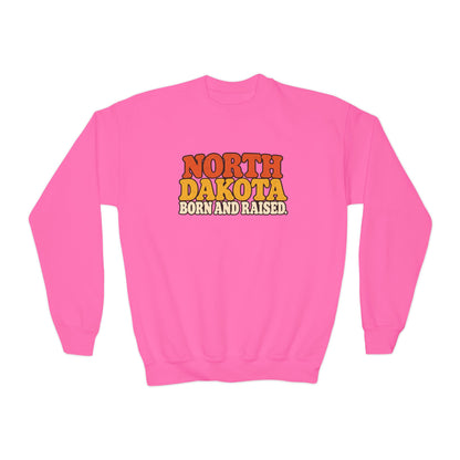 North Dakota Born and Raised 1970s Prairie Retro Unisex Youth Crewneck Sweatshirt Graphic