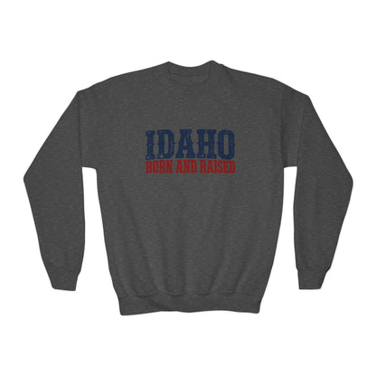 Idaho Born and Raised Rugged Western Unisex Youth Crewneck Sweatshirt Graphic
