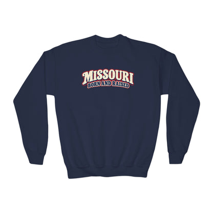 Missouri Born and Raised Retro 1970s Unisex Youth Crewneck Sweatshirt Graphic