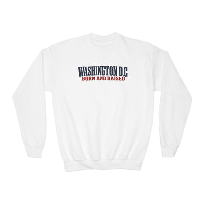 Washington DC Born and Raised Heritage Serif Unisex Youth Crewneck Sweatshirt Graphic