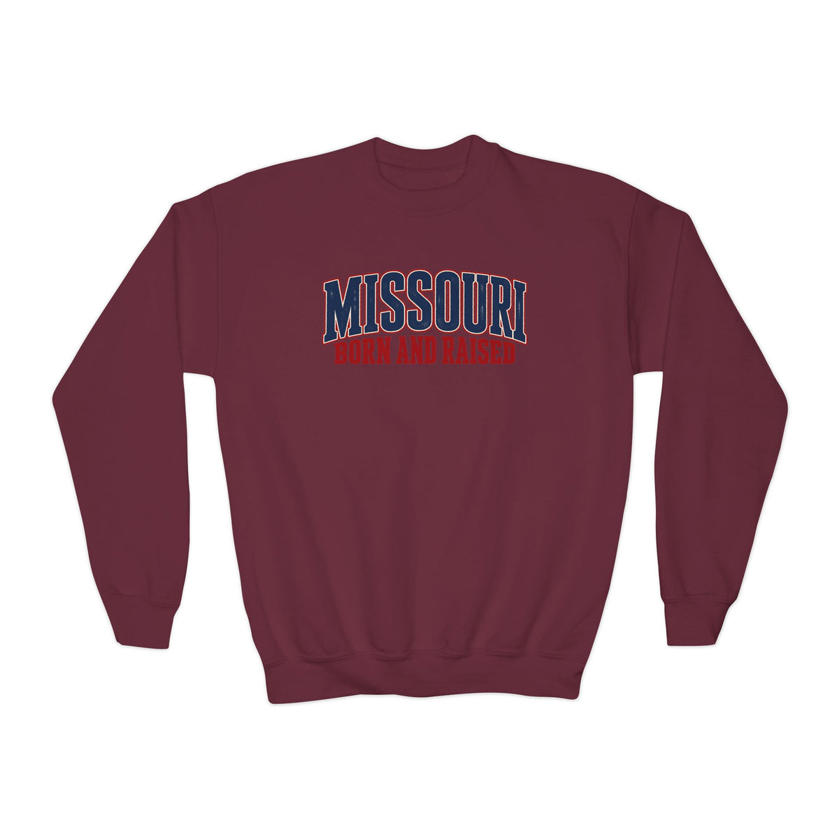 Missouri Born and Raised Vintage Americana Unisex Youth Crewneck Sweatshirt Graphic