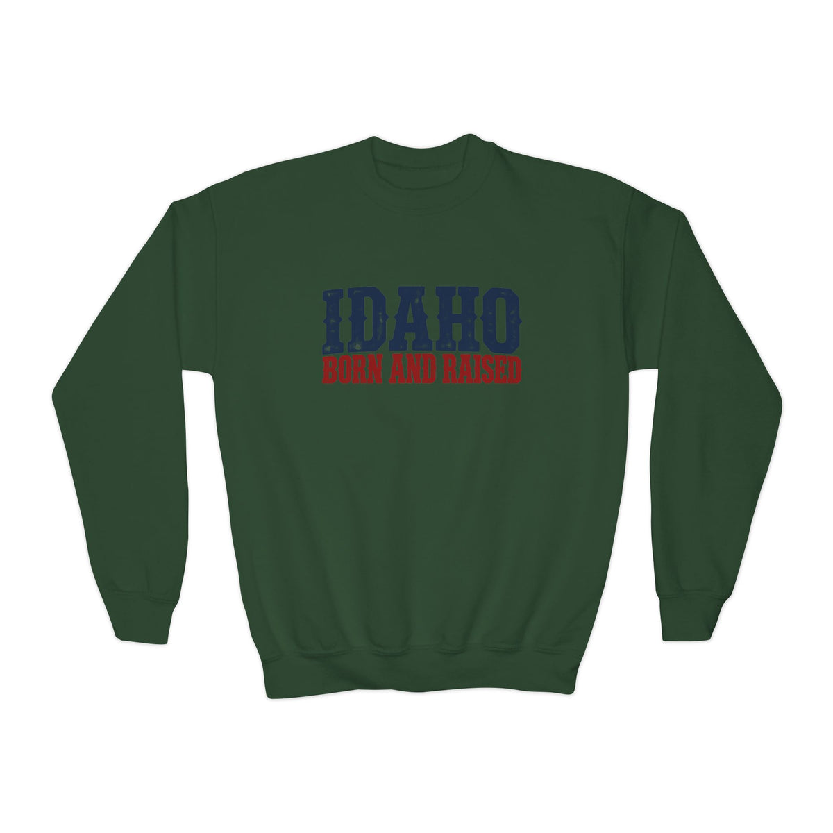 Idaho Born and Raised Rugged Western Unisex Youth Crewneck Sweatshirt Graphic