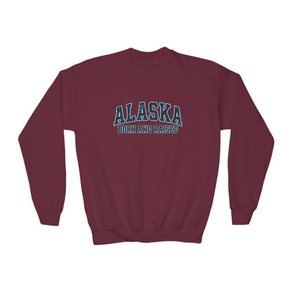 Alaska Born and Raised Classic Collegiate Unisex Youth Crewneck Sweatshirt Graphic