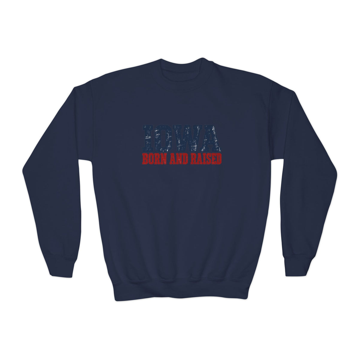 Iowa Born and Raised Rustic Midwest Unisex Youth Crewneck Sweatshirt Graphic