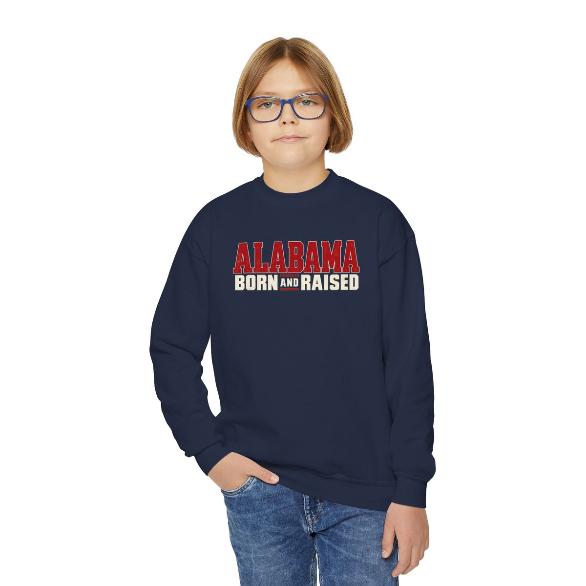 Alabama Born and Raised Premium Southern Streetwear Unisex Youth Crewneck Sweatshirt Graphic