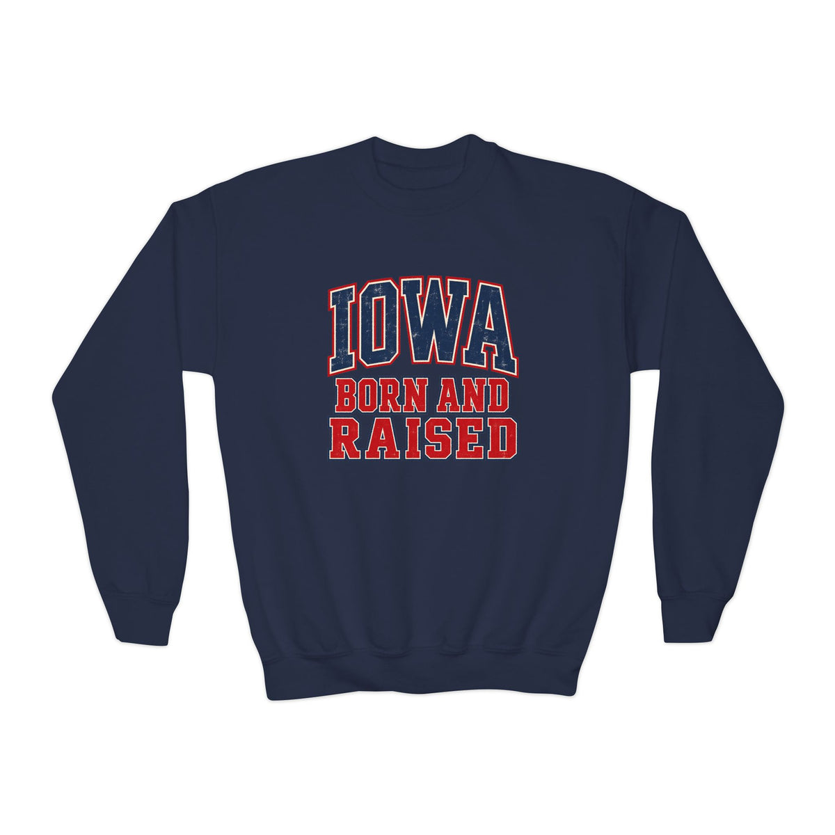 Iowa Born and Raised Vintage Collegiate Unisex Youth Crewneck Sweatshirt Graphic