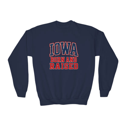 Iowa Born and Raised Vintage Collegiate Unisex Youth Crewneck Sweatshirt Graphic