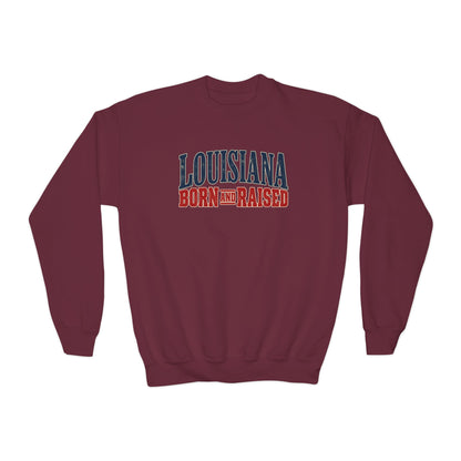 Louisiana Born and Raised Timeless Heritage Unisex Youth Crewneck Sweatshirt Graphic