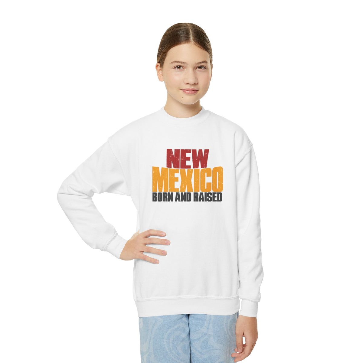 New Mexico Born and Raised Bold Streetwear Unisex Youth Crewneck Sweatshirt Graphic