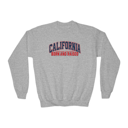 California Born and Raised Vintage Collegiate Unisex Youth Crewneck  Sweatshirt Graphic