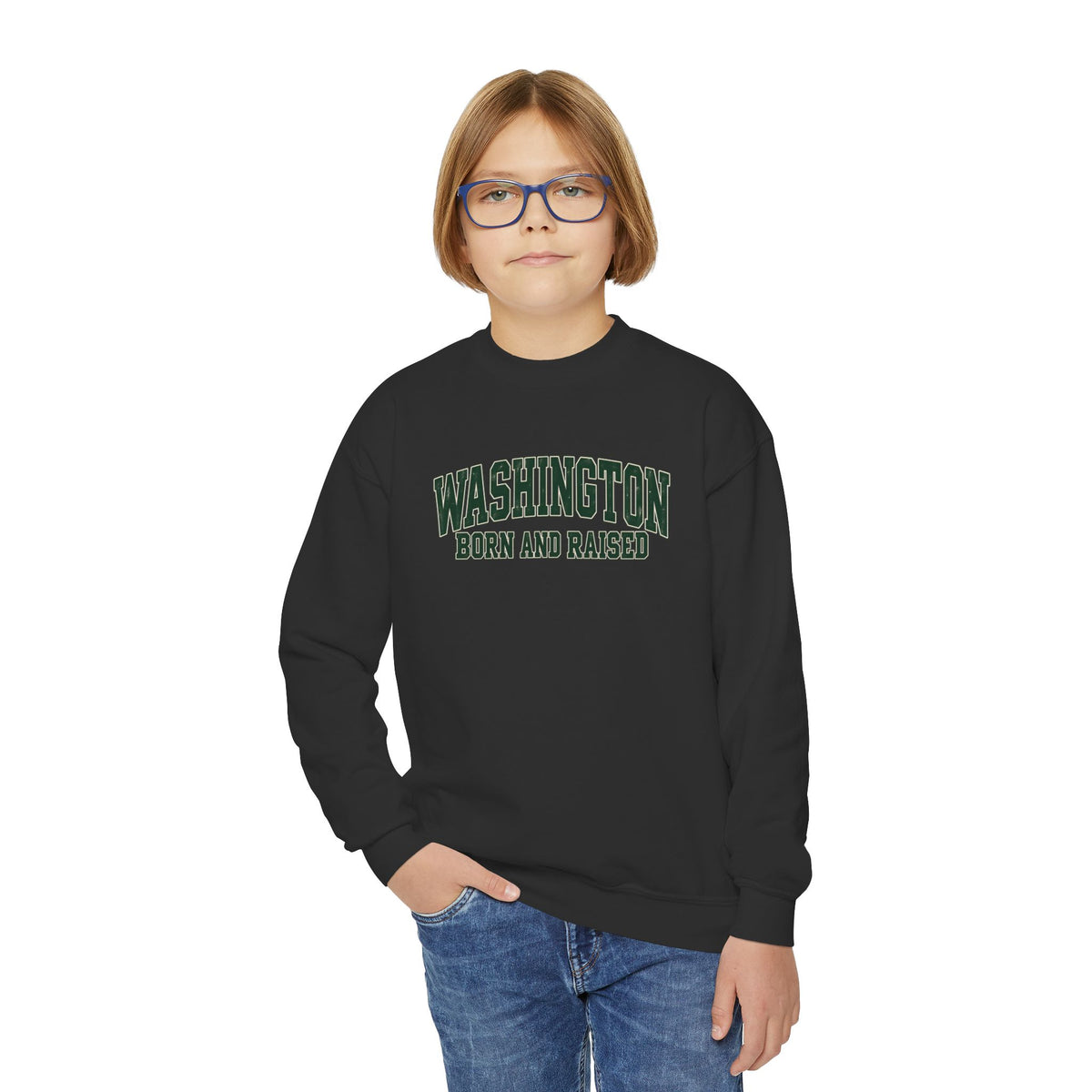 Washington Born and Raised Classic Collegiate Unisex Youth Crewneck Sweatshirt Graphic