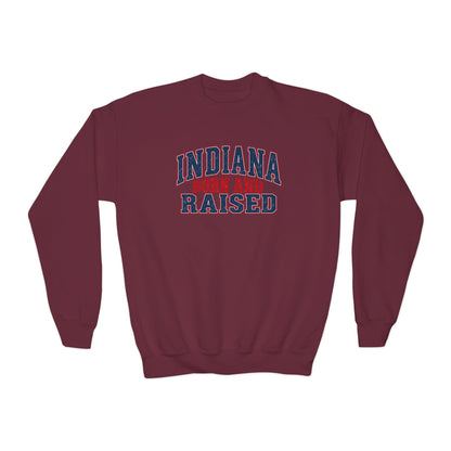 Indiana Born and Raised Bold Hometown Pride Unisex Youth Crewneck Sweatshirt Graphic