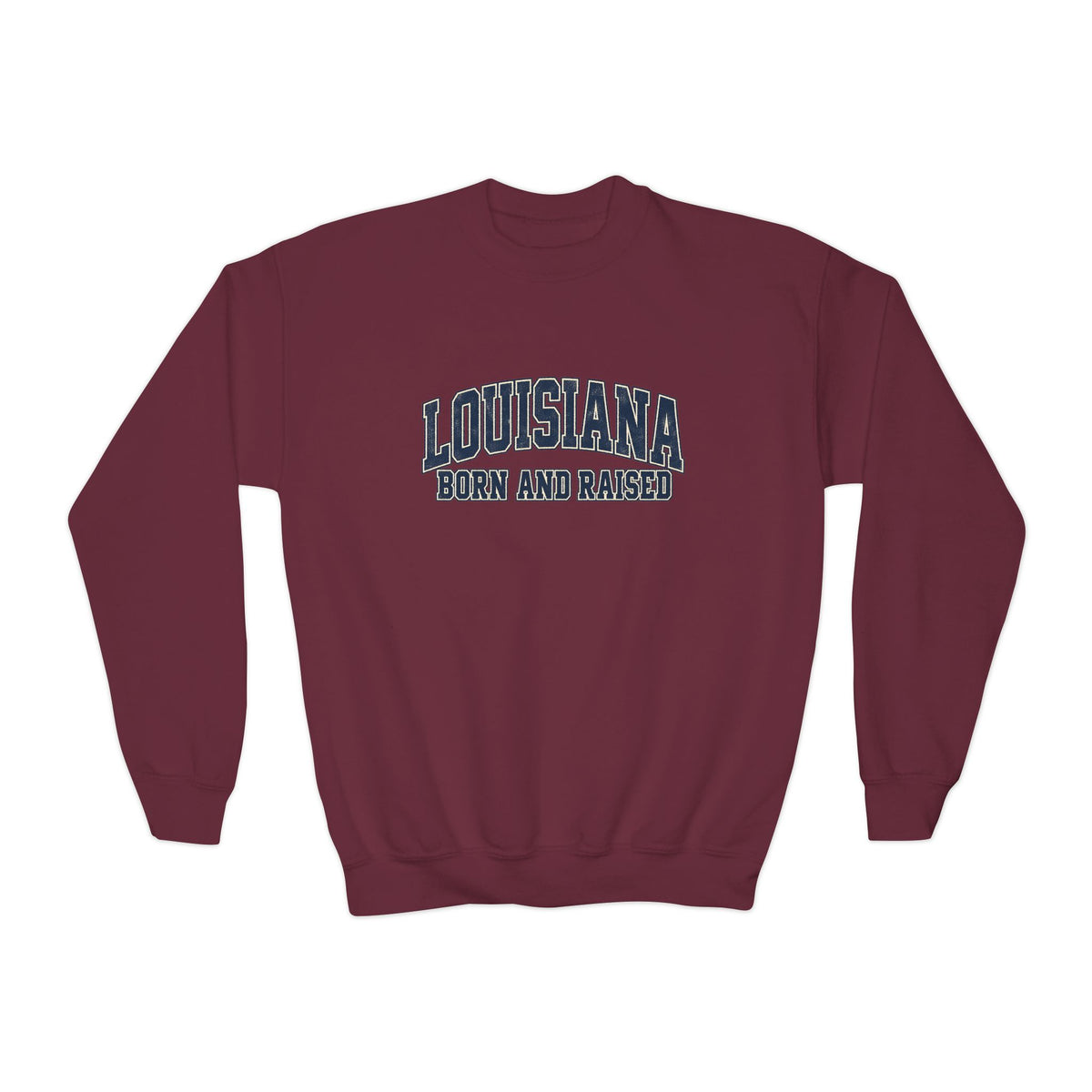 Louisiana Born and Raised Southern Collegiate Unisex Youth Crewneck Sweatshirt