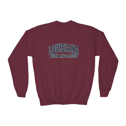 Louisiana Born and Raised Southern Collegiate Unisex Youth Crewneck Sweatshirt