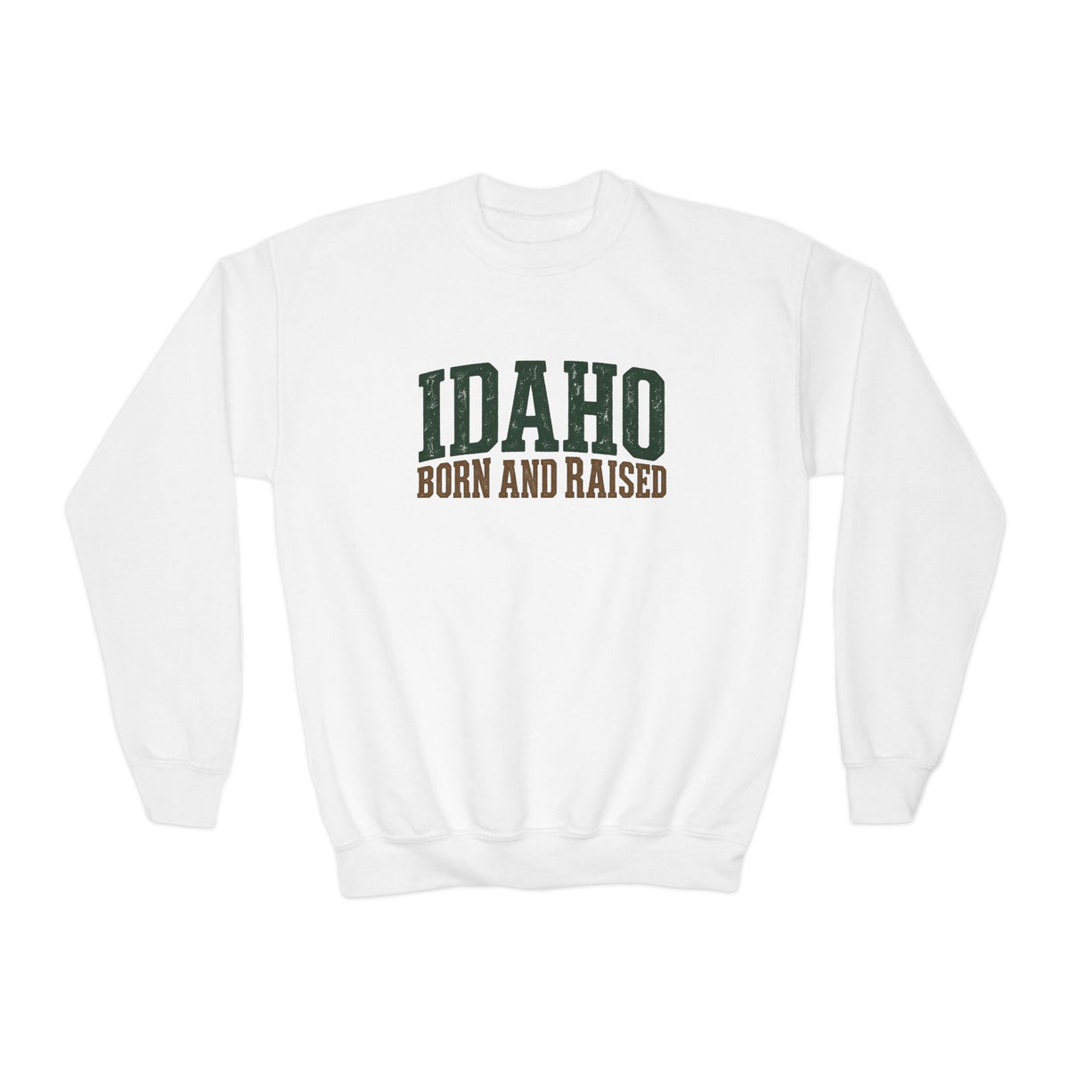 Idaho Born and Raised Pacific Northwest Heritage Unisex Youth Crewneck Sweatshirt Graphic