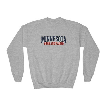Minnesota Born and Raised Premium Northwoods Unisex Youth Crewneck Sweatshirt Graphic