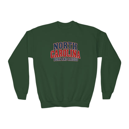 North Carolina Born and Raised Vintage Americana Unisex Youth Crewneck Sweatshirt Graphic