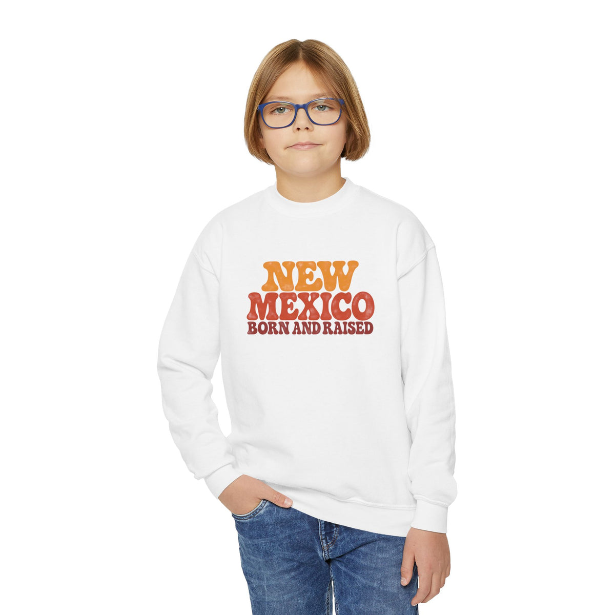 New Mexico Born and Raised 1970s Retro Unisex Youth Crewneck Sweatshirt Graphic